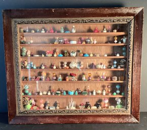 Antique Miniature Table Items & Oak Wooden Shadowbox Display