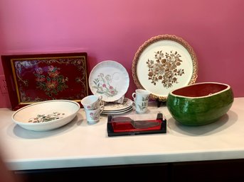 13 Pieces Of Very Decorative Table Items Pottery Porcelain And Tin
