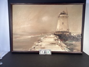 Large Original Charles Gruppe Oil On Masonite Lighthouse Coastal Connecticut
