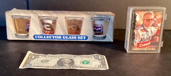 NASCAR Vintage Collector Set Of Shot Glasses And 48 Mint Trading Cards In Protective Case