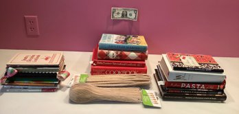 Box Lot Of Cookbooks And 2 New Packages Of Wooden Spoons