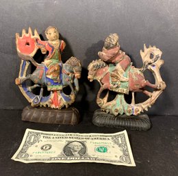 2 Carved & Painted Chinese Wood Figures Of Warriors