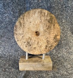 Antique Stone Grinding Wheel Mounted For Display
