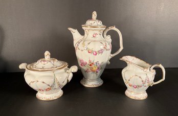 3 Piece Meissen Hand Painted Tea Set With Garlands And Flowers