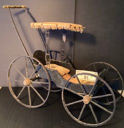 Antique Stroller/buggy With Original Wheels, Fringe Top, And Pillow