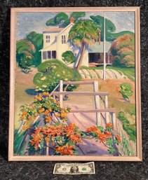 Original Unsigned Impressionist Oil Painting  Of A Southern Home With Flowers