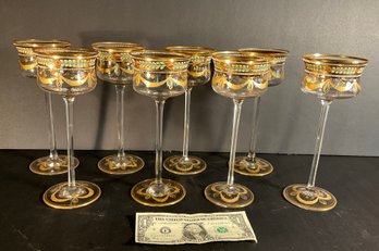 8 Antique Mosier Extra Tall Enameled Wine Glasses Circa 1900