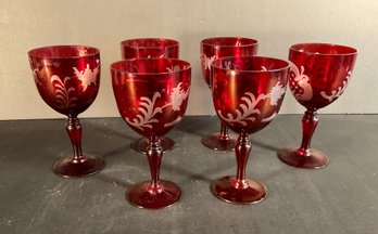 6 Antique Ruby Glasses With Copper Wheel Etched Design