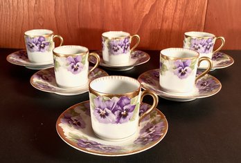 6 Pansy Design Limoges Porcelain Demitasse Cups And Saucers