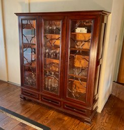 Antique Solid Mahogany 3 Door Bookcase With Lattice Work Doors