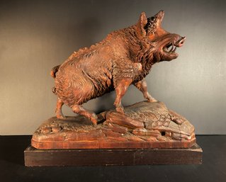 Rare Antique Black Forest Hand Caved Walnut Wild Boar Sculpture