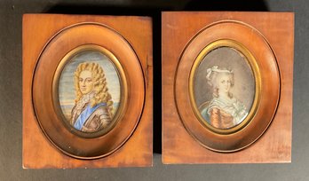 Pr. Antique Miniture Paintings On Ivory Portraits Circa 1800 French Signed