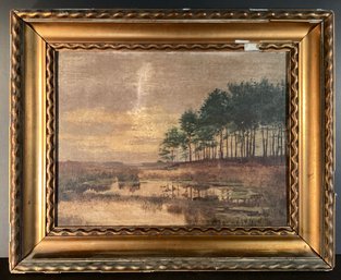 Antique Original Oil Painting On Hardboard With  Heavy Ornate Wood Frame