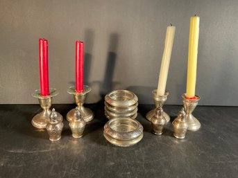 14 Pieces Of Sterling Silver Candlesticks, Coasters, Salt & Peppers