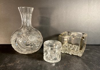 3 American Brilliant Period Cut Glass Water Carafe, Covered Jar, Cigar Ask Tray