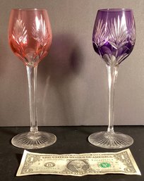2 Bohemian Cut To Clear  Crystal Wine Glasses In Rose And Violet
