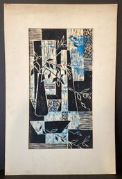 Signed Bi-Color Linocut Print On Paper By The Late Artist Barbara Dahlin.