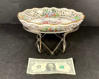 Antique Dresden Hand Painted Openwork Bowl & English Plate Stand