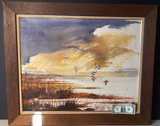 Original Signed Oil Painting On Canvas Of Ducks Over The Marsh Framed In  Wood