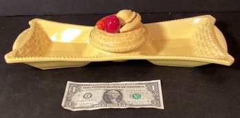 Mid Century Ceramic Chip & Dip Serving Dish In Vibrant Yellow, Red, And Hot Pepper Orange