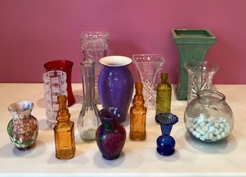 15 Piece Grouping Of Clear And Colorful Older  Vases