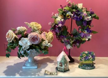 A Sweet Grouping Of Faux Flowers, Door Stop,  And Small Wood Gazebo