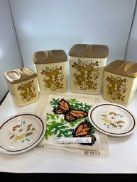 LOT OF 1970S MUSHROOM CANNISTERS, MONARCH BUTTERFLY NEEDLEPOINT, 2 BREAD PLATES