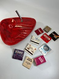 MID CENTURY MODERN RED ASHTRAY AND 10 VINTAGE MATCHBOOKS
