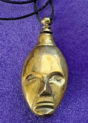 Amazing Antique/ Vintage Solid Brass Face Perfume Bottle Chatelaine Pendant On Leather Cord