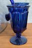 Set Of 4 Vintage Imperial Glass Old Williamsburg Deep Blue Glasses And Handblown Pitcher