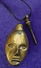 Amazing Antique/ Vintage Solid Brass Face Perfume Bottle Chatelaine Pendant On Leather Cord
