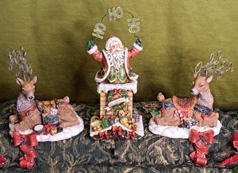 Fabulous HO HO Ho Santa And Two Reindeer Mantle Stocking Hooks