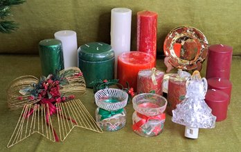 A Variety Of New Christmas Candles, Plates And A Mantle Candle Holder