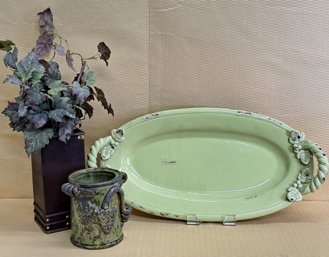 European Country Decorative Serving Platter, Clay Vase And Plant Display Box
