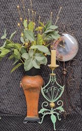 Old World Style Vase W/faux Plant And Lights, Candleholder And A Wall Clock