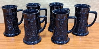 Vintage Tiara/Indiana Black Glass Stein Set Of 6