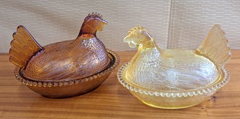 Pair Of Vintage Indiana Glass Hen On Nest Candy Dish