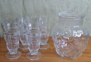 Vintage Set Of 4 Soda Fountain Glasses And Hazel Atlas Cookie Jar