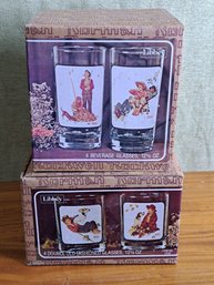 Two Sets Vintage Libby Dining Norman Rockwell Glasses Mint In Original Boxes