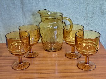 Vintage Amber Glass Pitcher And Goblets
