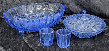 Vintage Windsor Blue Indiana Glass Candy Dish, Fruit Bowl And Votives