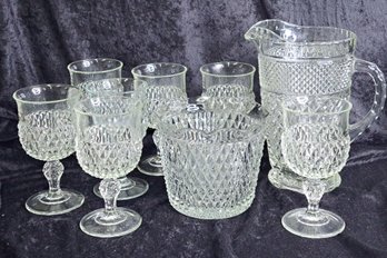 Vintage Anchor Hocking Wexford Diamond Cut Pitcher, Ice Bucket And 7 Glasses