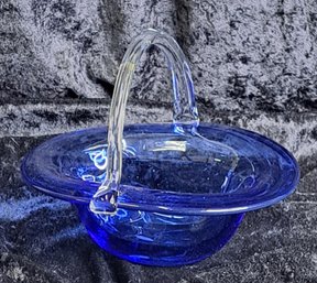 Michael Studio Art Glass Handblown Cobalt Blue Basket W/clear Handle