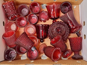 Variety Of Red Hobnail Votives And Candleholders