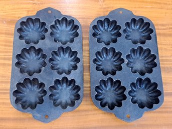 Two Vintage Turks Head Cast Iron 6 Gem Muffin Pans Made In USA