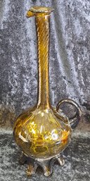 Vintage Dark Amber Hand Blown Art Glass Footer Ewer