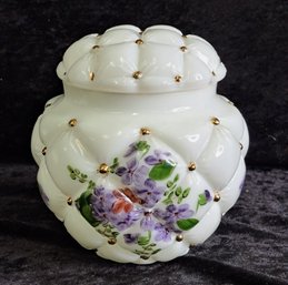 Vintage Consolidated Glass Milk Glass Hand Painted Floral Quilted Cookie Jar