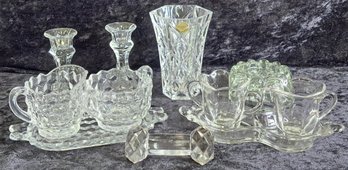 Vintage Clear Glass Collection Sugar, Creamer, Candleholders