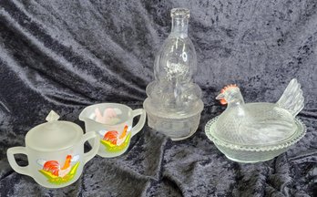 Vintage Westmoreland Frosed Glass Rooster Sugar And Cramer Indiana Rooster, Viarengo Tarino