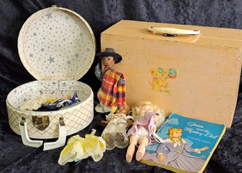 Two Vintage Doll Boxes W/misc Dolls And Book